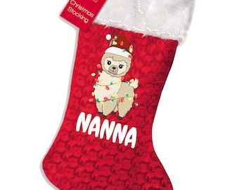 PERSONALISED:  your name llama with Christmas lights print xmas stocking sock , santa, presents