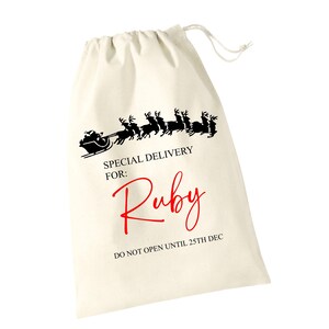 PERSONALISED: natural cotton santa sack Special delivery, Santa, reindeer, sleigh design  your name Christmas xmas  family matching set