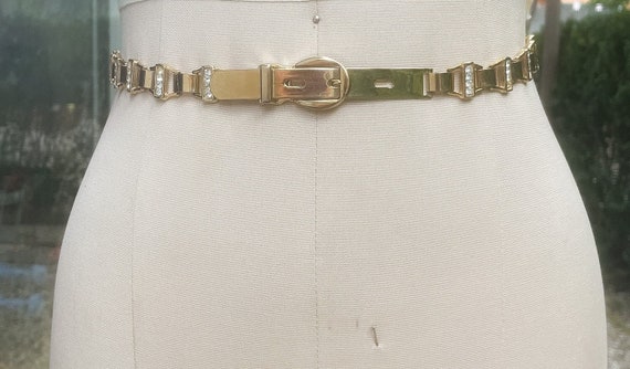 90’s Vintage Rhinestone Thin Gold Link Belt - image 1