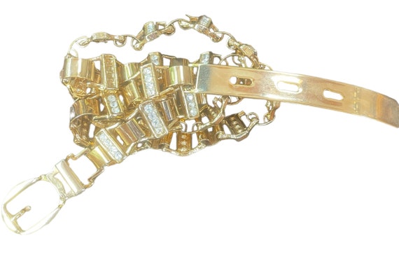 90’s Vintage Rhinestone Thin Gold Link Belt - image 3