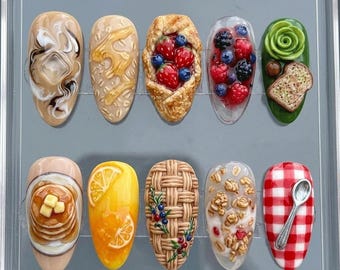 Realistic Food Press On Nails, 3D Breakfast Nail Set, Pancake Berry Nails, Fruit Pie Nails, Cute Unique Nail Art, Handmade Novelty Nails