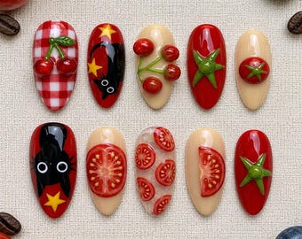 Tomaten-plaknagels, kersennagels, rode 3D-fruitnagels, schattige zomerse nagelkunst met etensthema, gepersonaliseerde kawaii-nagels