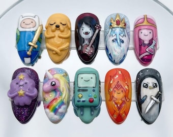3D cartoon plaknagels, nagels met fantasiefiguren, schattige nagelkunst geïnspireerd op anime, kleurrijke Y2K Kawaii nagelset