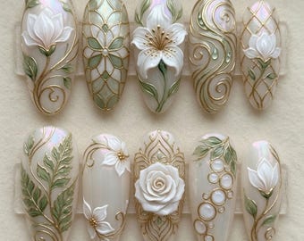 White Floral Nails Art Nouveau Press On Nails Cute 3D Rose Nails Kawaii Gold Metallic Nails Summer Wedding Fake Nails Pearl Bridal Gift Nail