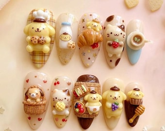 Schattige puppy-nagels, kawaii honden- en kattennagelkunst, 3D pomponnagels, koffie-dessertnagels, pastelbruine nepnagels