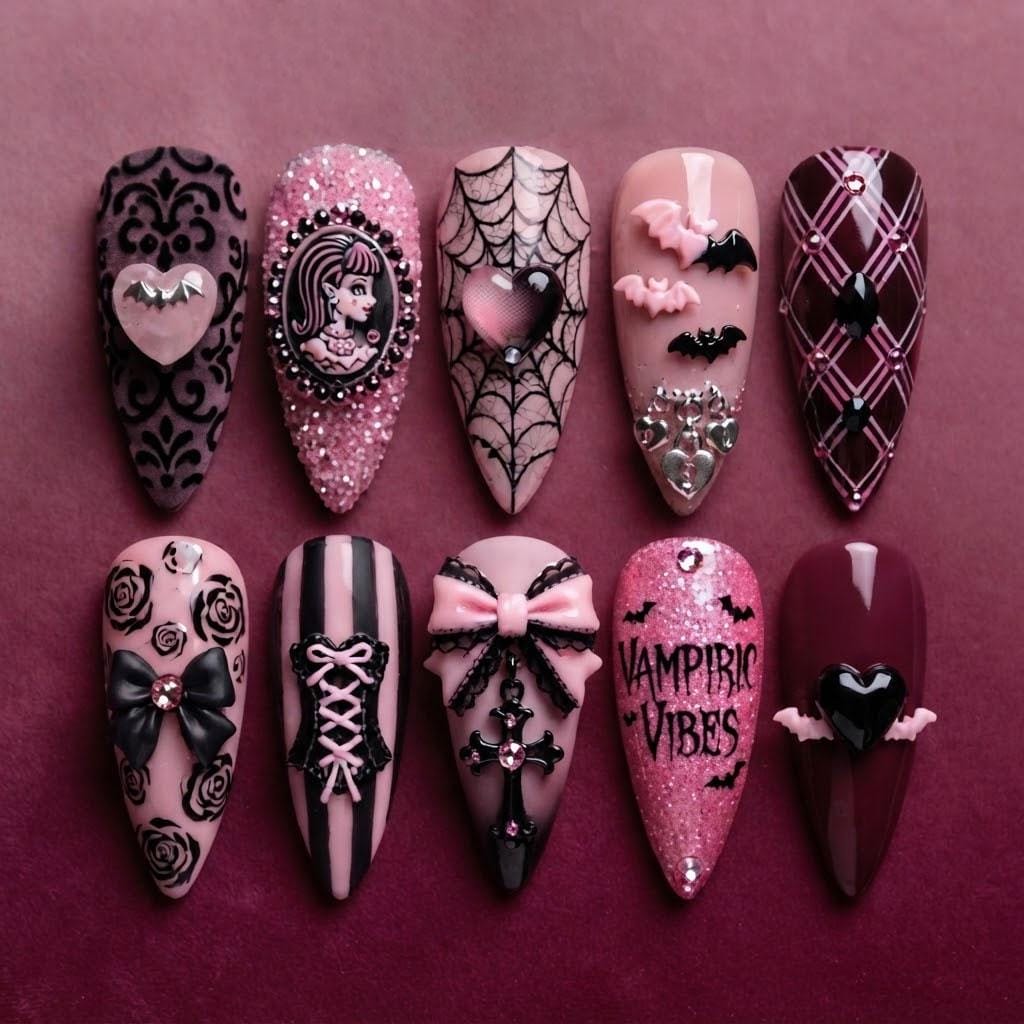 Pink Gothic Halloween Press On Nails, Vampire Nails, Bat & Spider Web Nail Art, Coquette Goth False Nails, Spooky Handmade Nails
