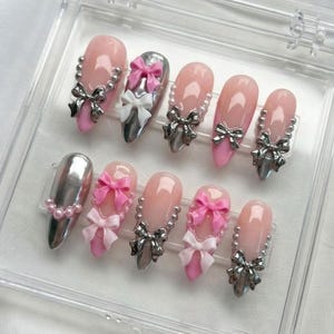 Handmade Pink Coquette Press On Nails | Chrome French Tips, 3D Bows & Pearl Accent | Almond Nails for Y2K Aesthetic