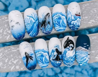 Nagels met walvismotief, zeegolf-nagelkunst, orka-dolfijn-nagels, zomerse kustnagels, zeedieren-nagels, handgemaakt cadeau
