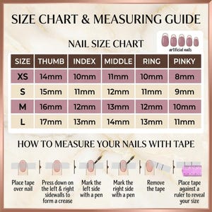 Op de afbeelding: Een nagelmaattabel en meetgids met een tabel voor de maten XS, S, M en L voor duim, wijsvinger, middelvinger, ringvinger en pink in millimeters. Bevat instructies voor het meten van nagels met tape en een liniaal voor kunstnagels.