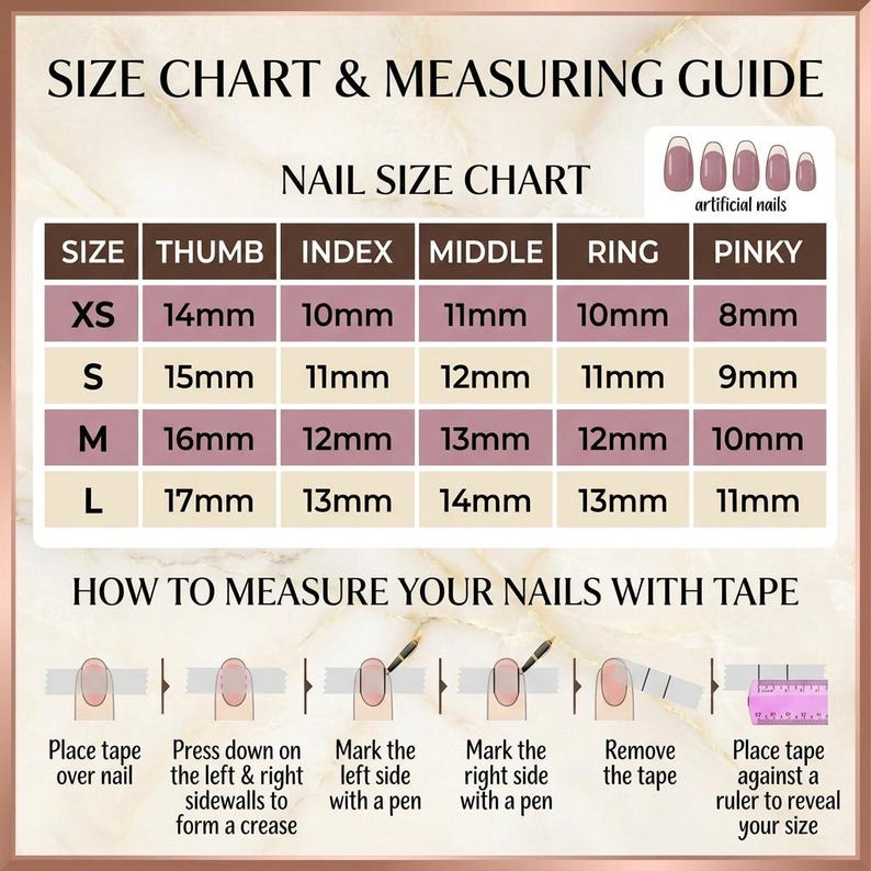 Op de afbeelding: Een nagelmaattabel en meetgids met een tabel voor de maten XS, S, M en L voor duim, wijsvinger, middelvinger, ringvinger en pink in millimeters. Bevat instructies voor het meten van nagels met tape en een liniaal voor kunstnagels.