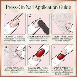 Op de afbeelding: Een instructiegids in zes stappen met de titel Press-On Nail Application Guide. De afbeelding bevat illustraties die het proces tonen van nagelriemen terugduwen, de nagel polijsten, kleefstrips selecteren, losmaken, uitlijnen en een rode kunstnagel aanbrengen.