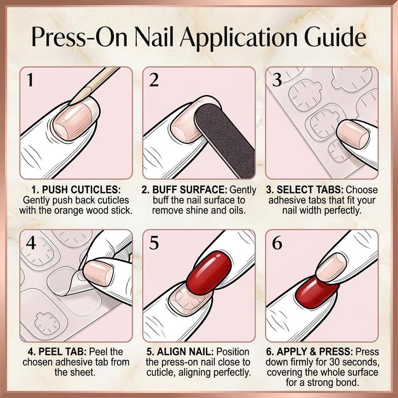 Op de afbeelding: Een instructiegids in zes stappen met de titel Press-On Nail Application Guide. De afbeelding bevat illustraties die het proces tonen van nagelriemen terugduwen, de nagel polijsten, kleefstrips selecteren, losmaken, uitlijnen en een rode kunstnagel aanbrengen.