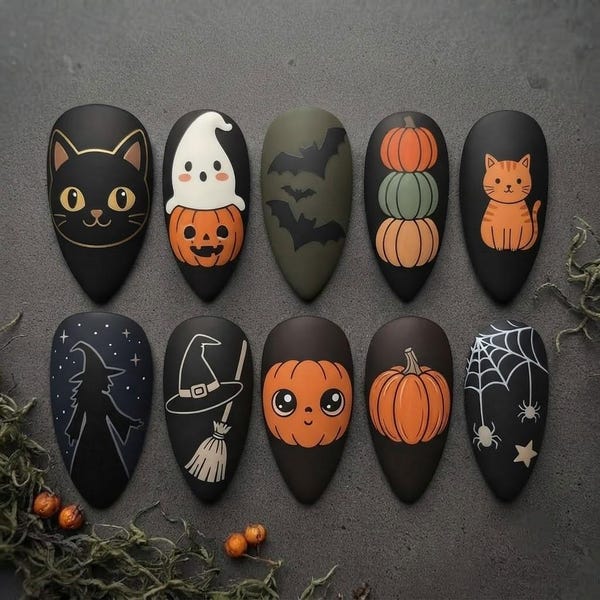 Black Halloween Press On Nails, Cute Cat & Ghost Nail Art, Pumpkin Nails, Witch and Bat Gothic Nail Set, Spooky False Nails