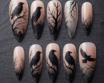 Gotische Raven Press On Nagels, Zwarte Kraai Nagels, Donkere Academia Nagels, Heksenachtige Nagels, Spookachtige Halloween Nepnagels, Handgemaakte Acryl Nagels