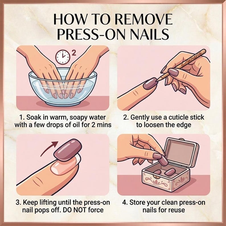 Op de afbeelding: Een instructieve afbeelding getiteld HOW TO REMOVE PRESS-ON NAILS met vier stappen: 1. Week nagels 2 minuten in warm zeepsop. 2. Gebruik een bokkenpootje om de randen los te maken. 3. Til de nagel voorzichtig op. 4. Bewaar de schone nagels in een doosje.