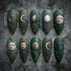 Dark Green Press On Nails, Moon Phase Nails, Celestial Floral Nails, Gothic Botanical Nails, 3D Forest Nail Art, Handmade Fake Nails