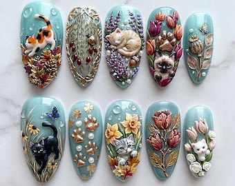 Handgemaakte botanische kattennagels | Bloementuin, pootafdrukken en schattige 3D-kattennagels | Cottagecore-stijl