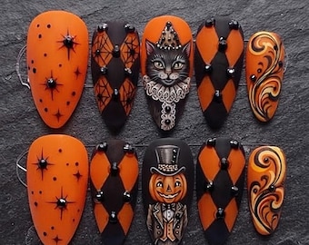 Handmade Halloween Press On Nails | Black Cat, Pumpkin, Spider Web, Harlequin Art | Orange Black Nails for Gothic Fall