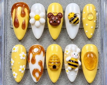 Bijen-plaknagels, schattige gele 3D-nagels, madeliefjes-nagels, honingdruppel-kawaii-nagels, zomerse nail art