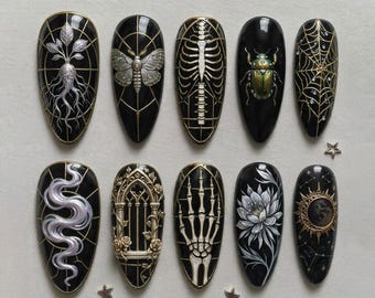 Gothic Press On Nails, Black Skeleton Nails, Insect Nail Art, Dark Academia Nails, Witchy Halloween Nails, Spooky Handmade Acrylic