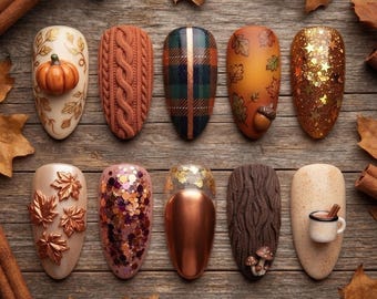 Herfstnagels, gezellige herfstnagels met pompoenmotief, nagelkunst met ruitjespatroon, Thanksgiving-nagels, rustieke herbruikbare kunstnagels