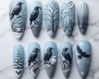 Winter Raven Press On Nails, Gotische Blauwe Nagels, Besneeuwde Bos Nail Art, Zwarte Kraai & Uil Nagels, Donkere Academia Kerstmanicure