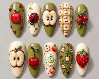 Appelvormige plaknagels, 3D-fruitnagels, schattige aardbei-kersennagels, groen-rode kawaii-nagelkunst, nagels als lerarencadeau