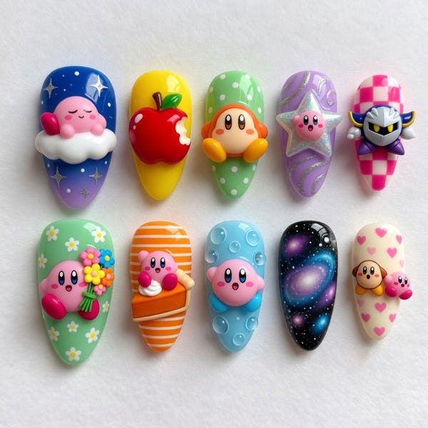 Kirby Kawaii Press On Nails | 3D Star Apple Flower Rainbow Cake | Pastel Cute Long Fake Nails