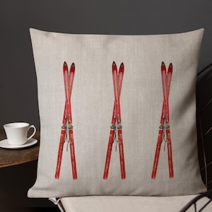 Vintage Red Skis Throw Pillow: Cabin, Lodge Winter Decor