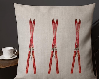 Vintage Red Skis Throw Pillow: Cabin, Lodge Winter Decor