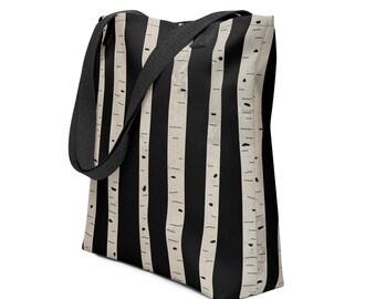 Birch Tree Stripes on Black Tote Bag