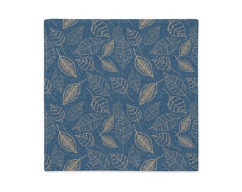 Hand Drawn Leaves On Blue Pillow Cover