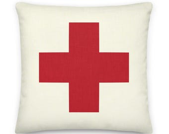 Red Swiss Cross Pillow, Linen Feel Accent Pillow