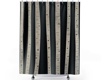 Birch Tree Stripes on Black Shower Curtain