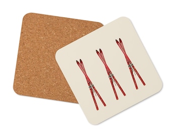 Red Vintage Snow Skis Cork-back coaster