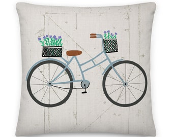 Hand-Drawn Vintage Bike Pillow: Linen Feel, Barn Door Design