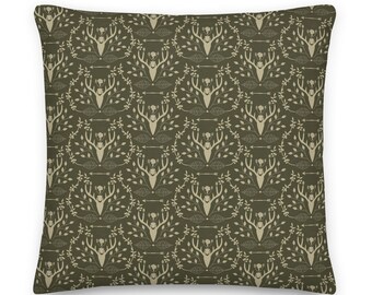 Dark Sage Throw Pillow, Cabincore Deer Print, Linen-Feel