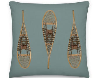Vintage Snowshoes Pillow: Aqua Linen-Feel Throw Pillow