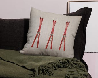 Red Vintage Skis Pillow Cover: Linen-Feel Polyester