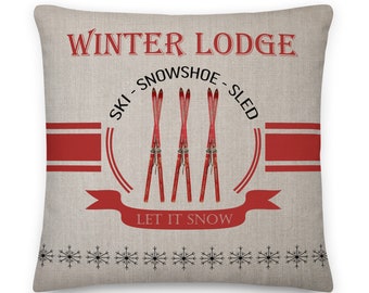 Winter Ski Lodge Pillow: Vintage Red Skis Throw Pillow