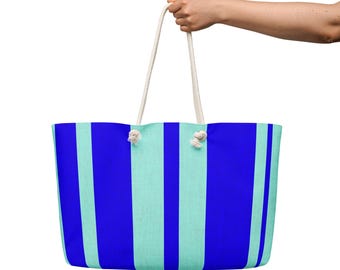 Oversized Blue and Green Striped Beach Weekender Bag