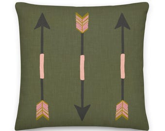 Pink Arrow Trio Pillow: Sage Green Linen-Feel Throw Pillow