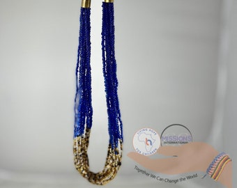 Multi-Layer Glass Beaded Necklace with Royal Blue and Gold Accents
