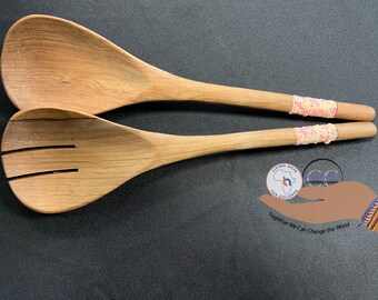 Ugandan Natural Wooden Spoon Set with Light Pink and Light Yellow Glass Beads on Handle