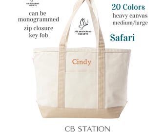 CB Station Tote Bag Classic, Safari, Medium and Large Sizes, Can Be Monogrammed, Heavy Canvas, Real Leather Trim, Zip Closure, Key Fob