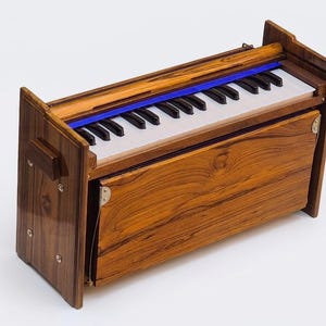 Pode incluir: Um harm&ocirc;nio de madeira com um teclado com teclas pretas e brancas. O instrumento tem um rico acabamento em gr&atilde;o de madeira marrom, um detalhe azul e um painel frontal articulado. O design &eacute; compacto e tradicional.