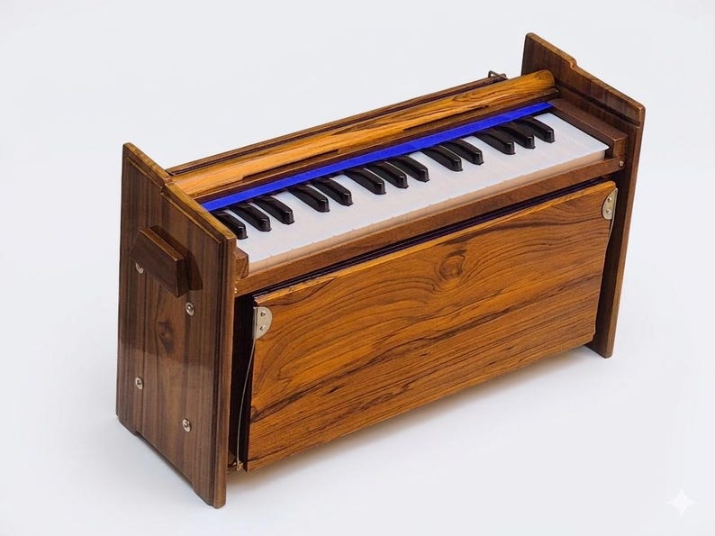 Pode incluir: Um harm&ocirc;nio de madeira com um teclado com teclas pretas e brancas. O instrumento tem um rico acabamento em gr&atilde;o de madeira marrom, um detalhe azul e um painel frontal articulado. O design &eacute; compacto e tradicional.