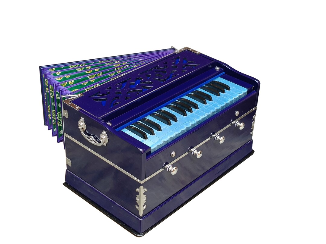 Harmonium Blue 4 Stop 32 Keys 7 Fold Bellow Double Reeds Tuned to 440