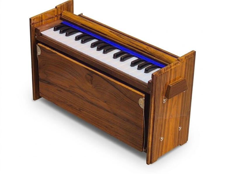 Pode incluir: Um harm&ocirc;nio de madeira com um teclado de teclas brancas e pretas. O instrumento tem um acabamento rico em gr&atilde;o de madeira marrom escuro, com um detalhe azul acima das teclas. O design &eacute; retangular e compacto.