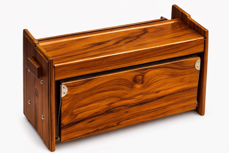 Pode incluir: Uma caixa de madeira com um acabamento castanho quente e um padr&atilde;o proeminente de gr&atilde;o de madeira. A caixa tem um painel frontal articulado e ferragens met&aacute;licas. O design apresenta uma forma retangular.